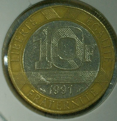 VENTA MUNDIAL DE MONEDAS-1991 FRANCIA 10 FRANCOS-BI-METÁLICO COMP. MONEDA-KM# 964 Foto 1 de 3