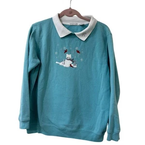 Hasting & Smith Womens Sz Medium Blue Collared Winter Cat Sweatshirt Grandma - Picture 1 of 7