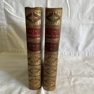2 Antique Books~1873 Life of Moscheles Vol I, II Leather Covers - Foto 1 di 21