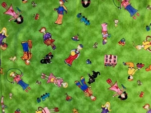 Dollie's House Cotton Fabric Remnant 27" x 40" Green Bkgrd Children Playing 2005 - Picture 1 of 3