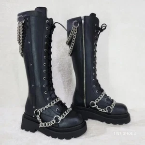 Renegade Lace Up Draped Chain Combat Knee High Boots Goth Punk Rocker Biker Boot - Picture 1 of 10