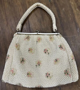 Vintage Beaded Purse Lumured Corde Bead Purse Pink Flowers Unique Beautiful - Picture 1 of 16