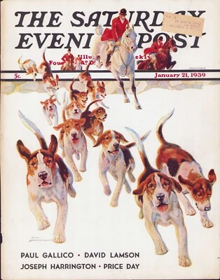 JAN 21 1939 Hound Dogs Fox Hunting SATURDAY EVENING POST COVER ONLY Paul Bramsom - Image 1 of 3