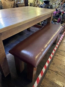Solid Wood Dining Table + 2 Leather Benches Set Rustic Plank Pine Indigo H-Made - Picture 1 of 18