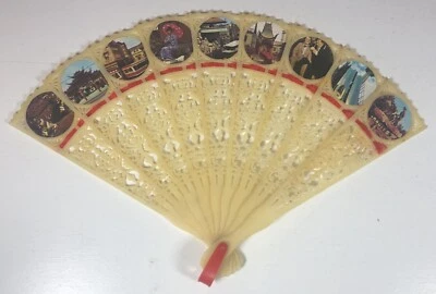 Vintage Celluloid Filigree Handheld Fan Depicting Various Places Los Angeles LA - Изображение 1 из 4