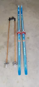 Vintage LATU Wood Cross Country KARHU Skis 3-pin Bindings & Head Bamboo Poles - Picture 1 of 16