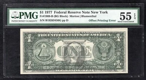 1977 $1 FRN FEDERAL RESERVE NOTE “OFFSET PRINTING ERROR” PMG ABOUT UNC-55EPQ - Picture 1 of 2