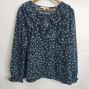 Loft Womens Black Dainty Floral Peasant Blouse Size XL Ruffled Boho Cottage Core - Picture 1 of 8