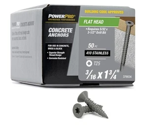 Concrete Screw Anchors #410 Stainless Flat (3/16" x 1-3/4") 100-Piece - Picture 1 of 8