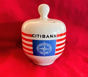 Vintage 1970 Greek First National Citibank Ceramic Round Money Box 5.5" Tall - Picture 1 of 6