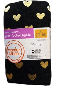 Wonder Nation Heavyweight Footed Tights *Black w/Gold Hearts* L (12-16) 2 Pair - Picture 1 of 3