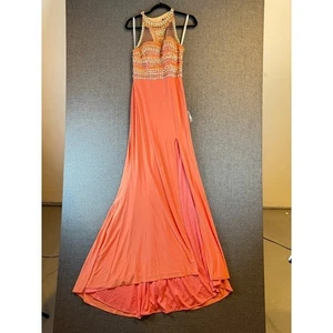 Rachel Allan verziertes hochgeschlossenes Neckholder Maxi Ballkleid koralle - Bild 1 von 13