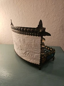 Antiker Kerzenständer Lithophanie Porzellan, Buntglas & Bronze Rückseite... - Bild 1 von 17