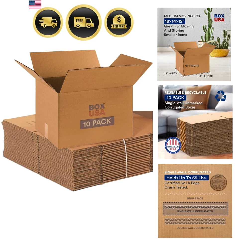 Moving Boxes Medium 18x14x12 10 Pack Corrugated Cardboard Packing Shipping - Image 1 of 4