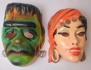 Ben Cooper Vintage Adult 70s Halloween Mask Lot Of 2 Frankenstein, Gypsy Woman - Picture 1 of 15