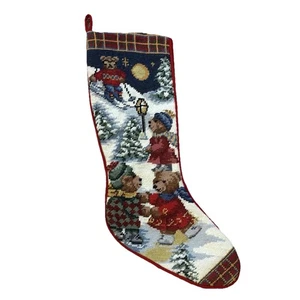 Vintage Nadelspitze WEIHNACHTSSTRUMPF Bären Skifahren Eislaufen 21" Wolle/Samt - Bild 1 von 11