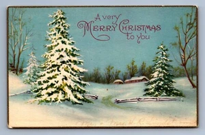 Postcard Vtg A Merry Christmas To You Snow Covered Pine Trees - Picture 1 of 2