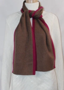 Lands End Brown Knit Scarf Pink Fuchsia Border Rectangle 63 x 8 - Picture 1 of 7