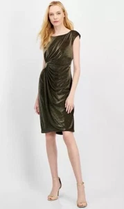 NWT Connected Apparel Purple Gold Sparkle Faux Wrap Sheath Dress Size: 16 Petite - Picture 1 of 13