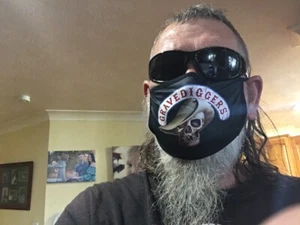GRAVEDIGGERS STONE MC BIKER  Sandy Harbutt.  Washable Unisex face Mask  Reusable - Picture 1 of 7