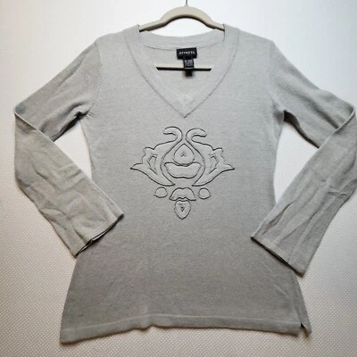 Athleta Womens Sweater Medium Grey Raised Design V Neck Cotton Angora Cashmere - Изображение 1 из 4