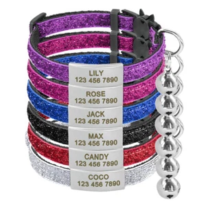 Sequins Puppy Dog Kitten Cat Breakaway Collar&Tag Engraved Safety Quick Release - Picture 1 of 18