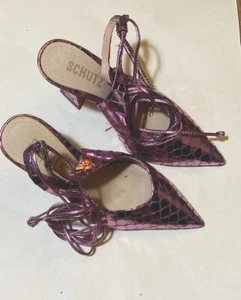 Schutz Purple Metallic Snakeskin Kitten High Heel Ankle Ties Sandals 5B Brazil - Picture 1 of 6