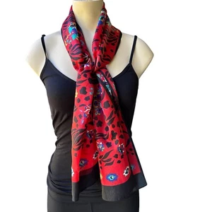 Vintage Neck Scarf Women's Floral Tropical Art Red Black Print Rectangle Soft - Picture 1 of 5