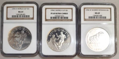 1994  Silver Dollar Modern Commemorative 3 Coin Set $1 MS69 & PF69 - Image 1 of 2