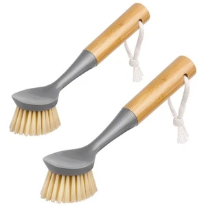Dish Brush With Bamboo Handle Builtin Scraper Scrub Brush For Pans Pots Kitchen - Picture 1 of 7
