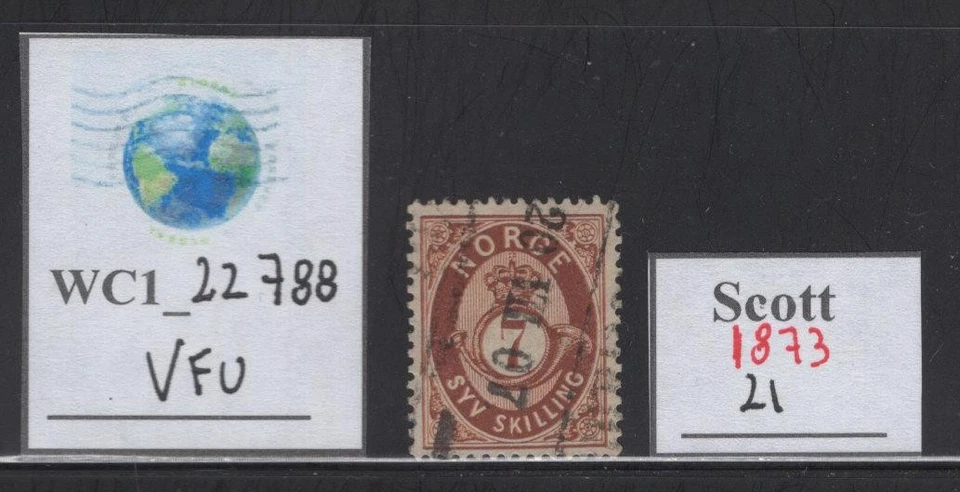 WC1_22788.NORWAY. Valuable 7s red 1873 POST HORN stamp. Sc. 21. Used - Image 1 of 1