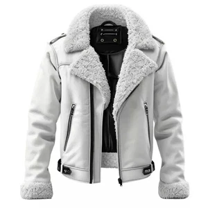 Men's White RAF B3 Bomber Aviator Shearling Sheepskin Real Leather Jacket Coat - Picture 1 of 5