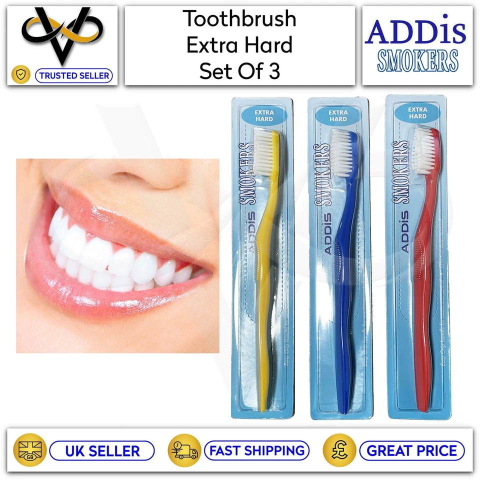 3 x Addis Smokers extra harte Zahnbürste effektiver Lebensmittelfleck und Tabakentferner