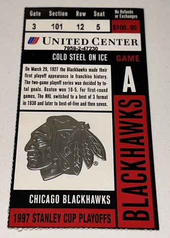 4/20/97 1997 Game A Chicago Blackhawks NHL Playoffs Game Used Season Ticket Stub Cover