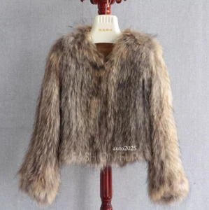 Real Raccoon Fur Jacket Short Round Neck Hand-woven Coats Womens Overcoats Parka - Picture 1 of 22