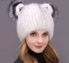 Women's Winter Genuine Natural Fox Mink Fur Cap Cat Ears Style Vertical Weaving