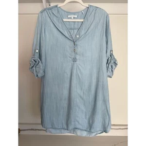 Foxcroft Women's Quarter Button Blouse Chambray Denim Size 12 3/4 Sleeve - Picture 1 of 9