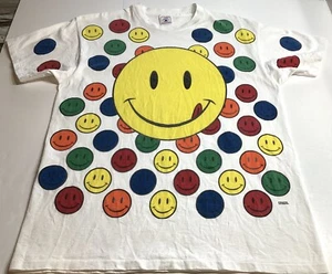 Vintage 90s Smiley Face All Over Print White Freeze NYC T-Shirt Size L - Picture 1 of 7