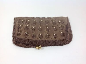 Vintage Hand Beaded Made in Hong Kong Brown Beaded Clutch Purse - Picture 1 of 5