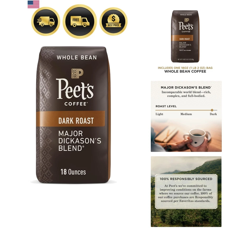 Peet's Coffee Major Dickason's Blend Dark Roast Whole Bean 18 Ounce Bag