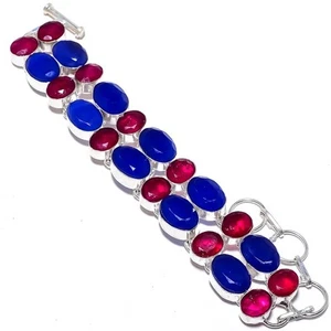 Sapphire(Simulated), Ruby Gemstone Handmade 925 Sterling Silver Bracelet 7-8" - Picture 1 of 1