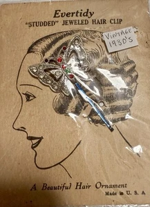 Vtg 1930s Evertidy Butterfly Jeweled Hair Clip NOS w/Original Card Made in USA - Picture 1 of 4