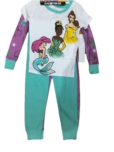Disney Princess Ariel Tiana Belle Girls Cotton PJ Pajamas 4-Piece Set Size 6 - Picture 1 of 8