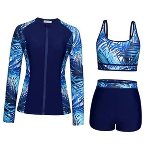 Women's 3 Piece Rash Guard Long Sleeve Swimsuits Zip Large Navy Blue-blue Leaf - Picture 1 of 7