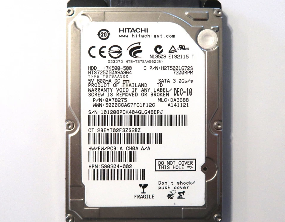Hitachi HTS725050A9A364 PN:0A78275 MLC:DA3688 Thailand 500GB SATA 2.5" DEC-10 - Immagine 1 di 1