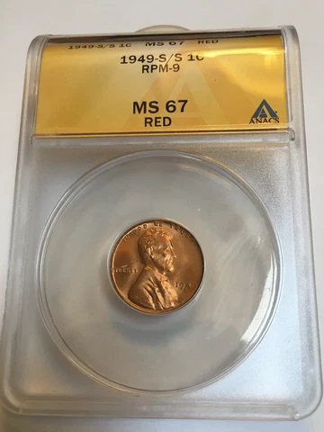 1949 S RPM#9 ANACS MS67 Red Lincoln Cent Error  Free Shipping   Finest Known!! Cover