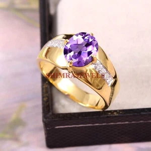 Natural Amethyst Gemstone with 18K Gold Plated Silver Ring For Men's #195 - Picture 1 of 9