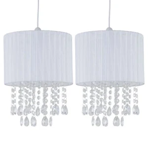 Set of 2 White Ribbon�Jewelled�25cm Easy Fit Drum Ceiling Lightshades Chandelier - Picture 1 of 9