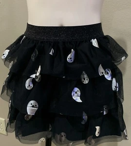 Cat & Jack Girls HALLOWEEN SKIRT S 6/6X NEW Tulle Tiers METALLIC SILVER GHOSTS - Picture 1 of 1
