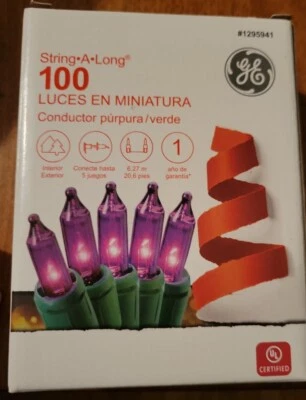 紫色-迷你弦灯 100 个通用电气-20 英尺带绿线 GE 全新 — 第 1/4 张图片